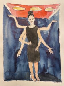 Une peinture à l'aquarelle représentant une femme vêtue d'une robe noire et de sandales à talons blancs, se tenant debout dans une cabine aux parois bleues. Elle arbore un sourire subtil et a les cheveux relevés en chignon. Derrière elle, plusieurs bras supplémentaires émergent, créant un effet visuel rappelant une illusion ou un tour de magie. Le fond est composé de rideaux bleu foncé et d'un plafond rouge orné de trois lumières circulaires jaunes, accentuant l'effet de mise en scène théâtrale.