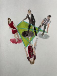 Aquarelle représentant quatre personnes debout sur des cercles colorés, reliées entre elles par un réseau de fils bleus formant un polygone central vert. La figure centrale, en costume, semble jouer un rôle de coordination ou de pivot. Les autres, en tenue plus décontractée, tiennent chacun un fil, symbolisant l’interdépendance ou la collaboration. L’ensemble évoque la notion de réseau, de lien ou de communication au sein d’un groupe."