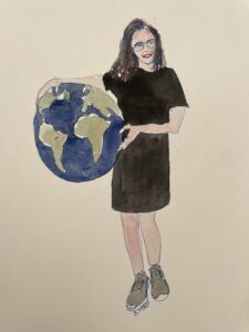 Illustration Récit de Manon : aquarelle de Béatrice Tilloy représentant une femme brune avec une robe marron et des baskets, tenant un énorme globe terrestre