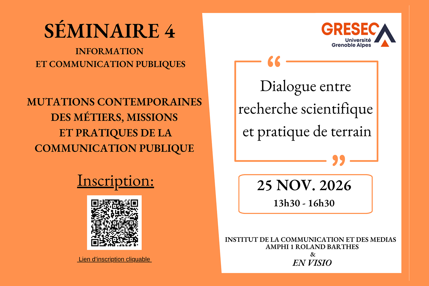 Visuel du séminaire du GRESEC consacré aux mutations contemporaines des métiers et des pratiques de la communication publique, organisé le 25 novembre 2026 à Échirolles et en visioconférence.
